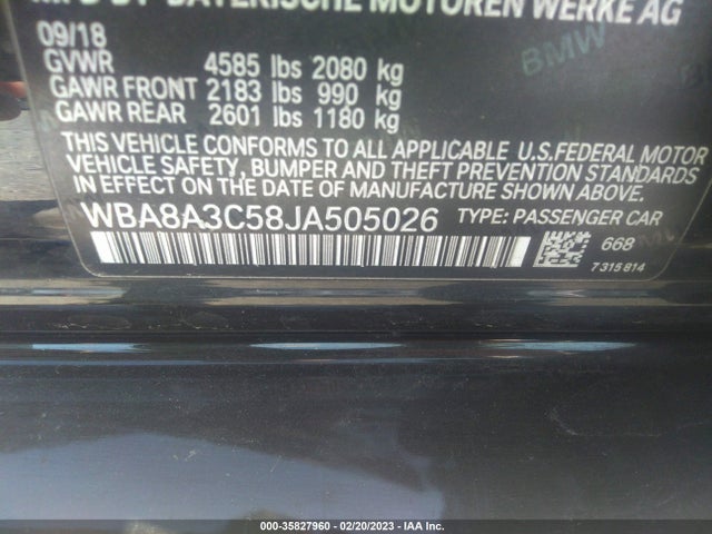 2018 BMW 3 SERIES 320I XDRIVE VIN: WBA8A3C58JA505026
