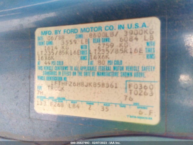 1988 FORD F250 VIN: 1FTHF26H8JKB58361