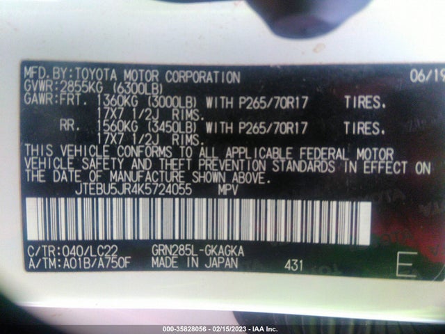 2019 Toyota 4Runner, VIN: JTEBU5JR4K5724055