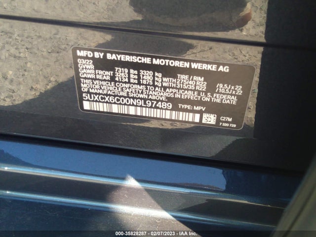 2022 BMW X7, VIN: 5UXCX6C00N9L97489