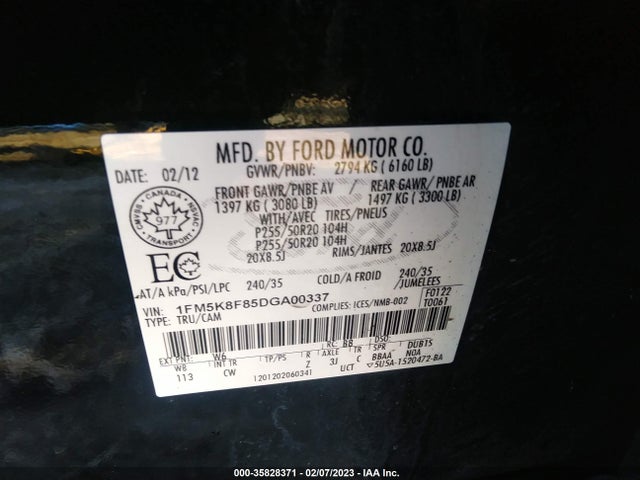 2013 FORD EXPLORER LIMITED VIN: 1FM5K8F85DGA00337