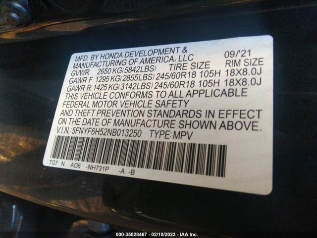 2022 Honda Pilot, VIN: 5FNYF6H52NB013250