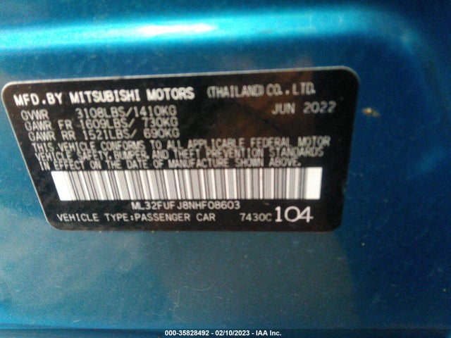 2022 Mitsubishi Mirage, VIN: ML32FUFJ8NHF08603