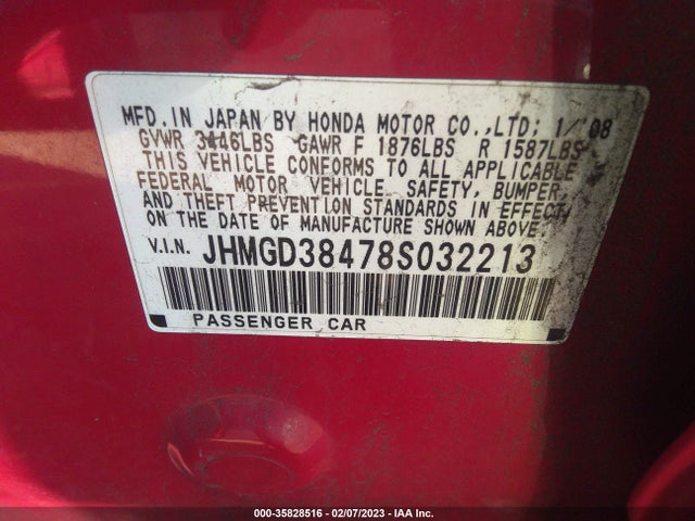 2008 HONDA FIT VIN: JHMGD38478S032213