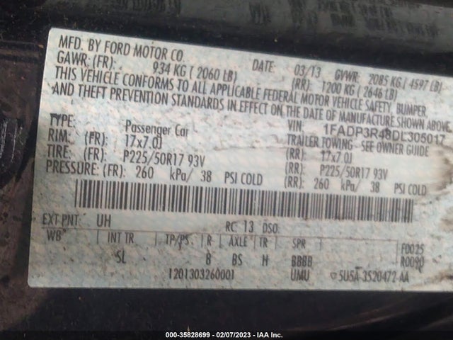 2013 FORD FOCUS ELECTRIC VIN: 1FADP3R48DL305017