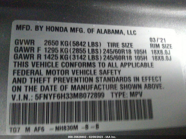 Honda Pilot Ex 2021 5FNYF6H33MB072899 Image 10