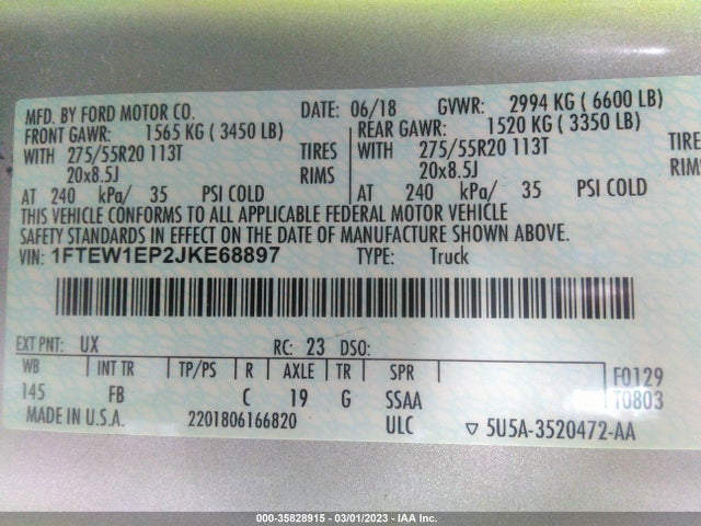2018 FORD F-150 XL/XLT/LARIAT VIN: 1FTEW1EP2JKE68897
