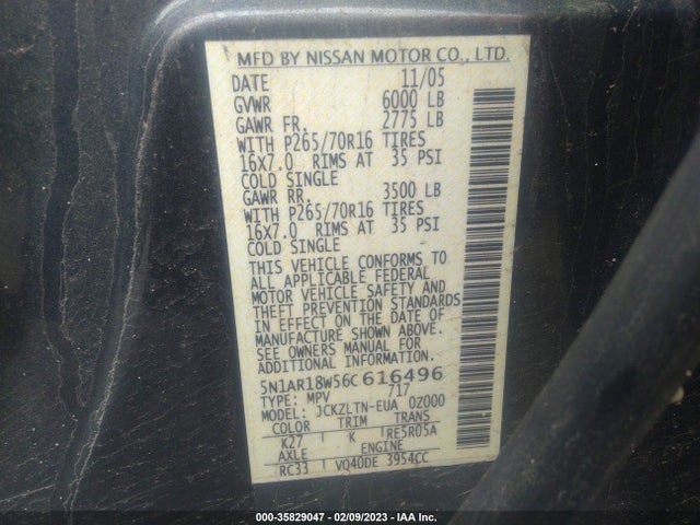 2006 NISSAN PATHFINDER SE VIN: 5N1AR18W56C616496
