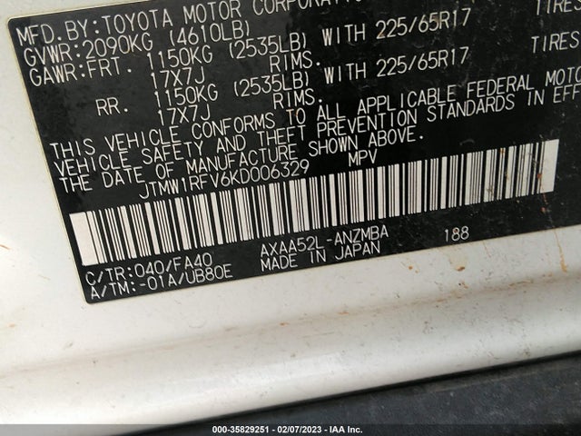 2019 Toyota RAV4, VIN: JTMW1RFV6KD006329