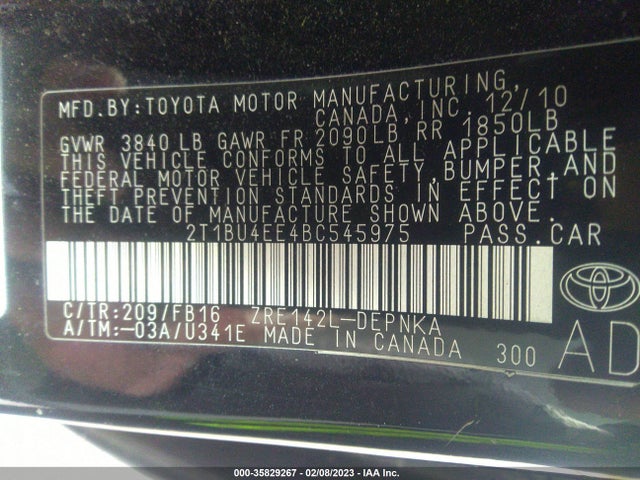 2011 TOYOTA COROLLA LE VIN: 2T1BU4EE4BC545975