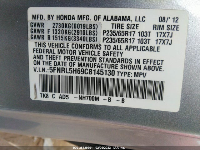 2012 HONDA ODYSSEY EX-L VIN: 5FNRL5H69CB145130