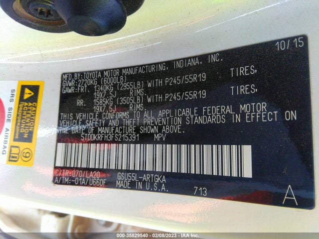 Toyota Highlander Limited 2015 5TDDKRFH3FS215391 Image 10