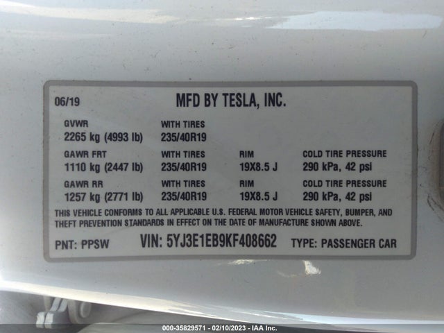 2019 TESLA MODEL 3 LONG RANGE/PERFORMANCE VIN: 5YJ3E1EB9KF408662