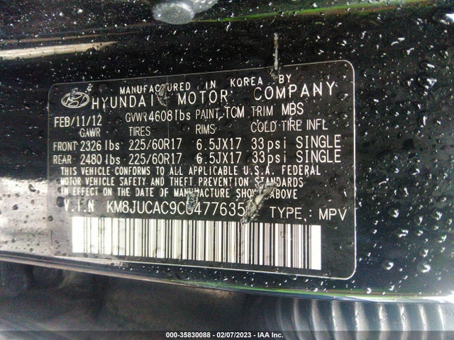 2012 HYUNDAI TUCSON GLS VIN: KM8JUCAC9CU477635