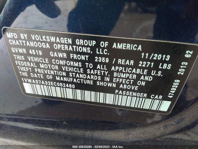 1VWAS7A32EC052460 Volkswagen Passat Wolfsburg Ed