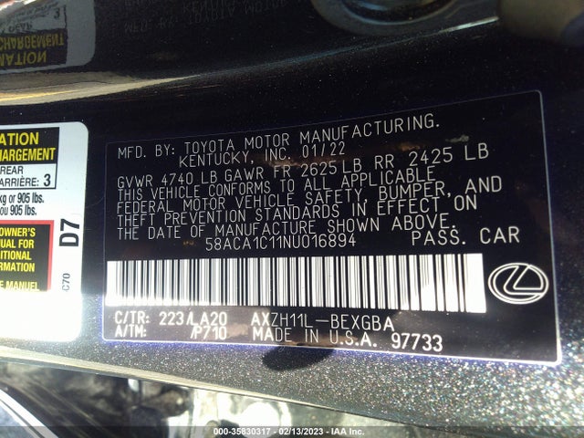 2022 Lexus ES, VIN: 58ACA1C11NU016894