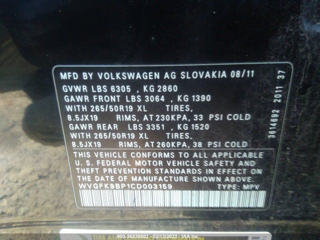 Volkswagen Touareg Lux 2012 WVGFK9BP1CD003159 Image 10