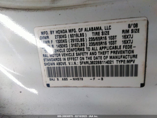 2008 HONDA ODYSSEY LX VIN: 5FNRL38228B114021