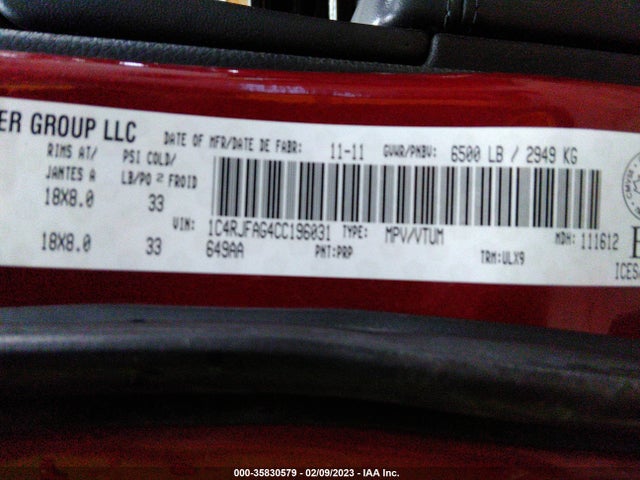 2012 JEEP GRAND CHEROKEE LAREDO VIN: 1C4RJFAG4CC196031