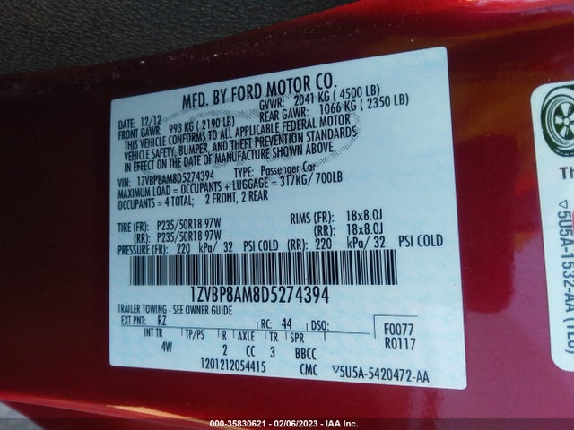2013 FORD MUSTANG V6 VIN: 1ZVBP8AM8D5274394