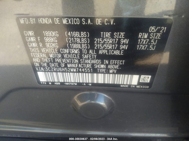 2021 HONDA HR-V EX VIN: 3CZRU6H52MM744551