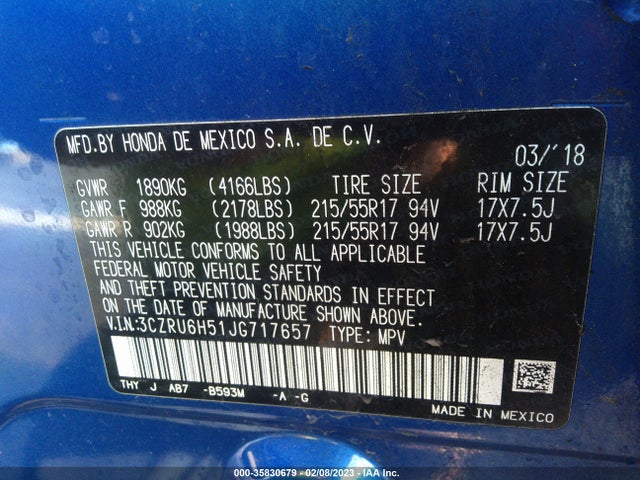 2018 Honda HR-V, VIN: 3CZRU6H51JG717657