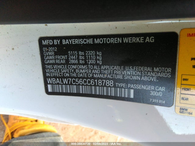 2012 BMW 6 SERIES 640I VIN: WBALW7C56CC618788
