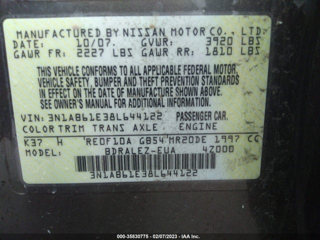 2008 NISSAN SENTRA 2.0 S VIN: 3N1AB61E38L644122