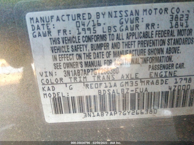 2016 NISSAN SENTRA SR/SL/S/SV/FE+ S VIN: 3N1AB7AP7GY266380