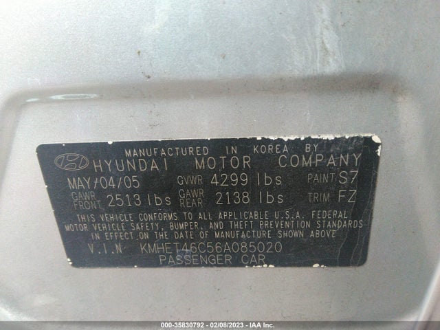 2006 HYUNDAI SONATA GL VIN: KMHET46C56A085020