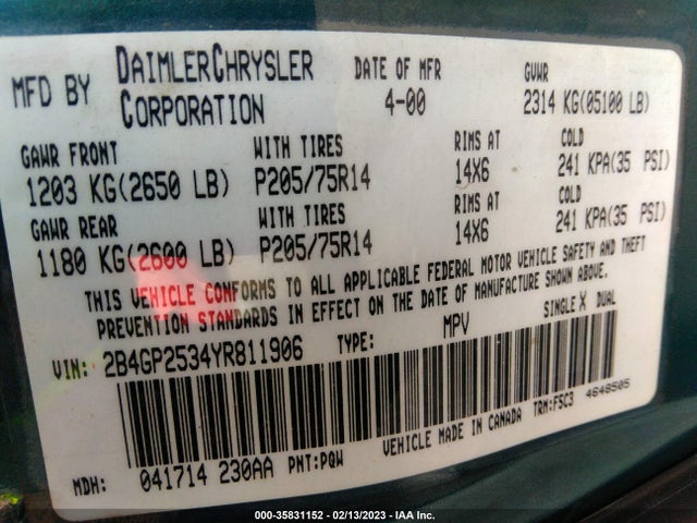 Dodge Caravan Base 2000 2B4GP2534YR811906 Image 10