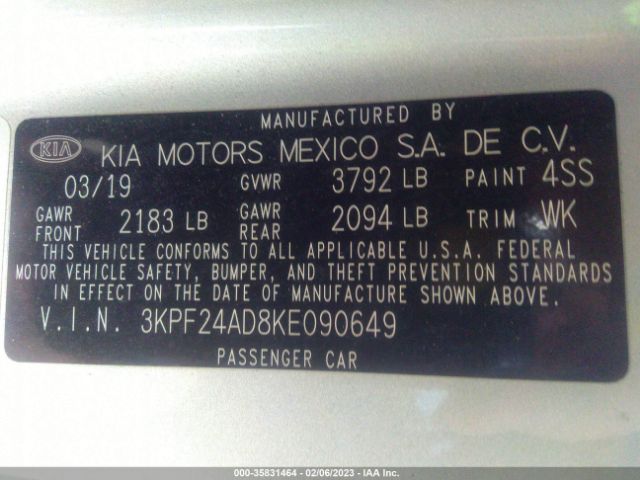3KPF24AD8KE090649 KIA Forte Lxs