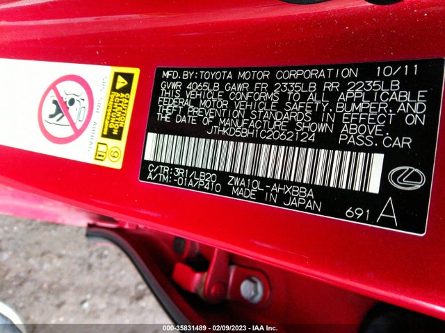 Lexus CT 200H 2012 JTHKD5BH1C2062124 Image 10