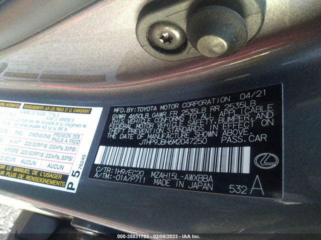 2021 Lexus UX, VIN: JTHP9JBH6M2047250
