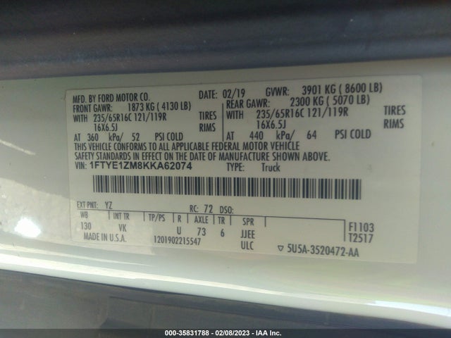 2019 Ford Transit, VIN: 1FTYE1ZM8KKA62074