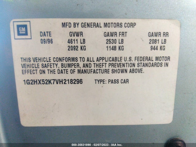 1997 PONTIAC BONNEVILLE SE VIN: 1G2HX52K7VH218296