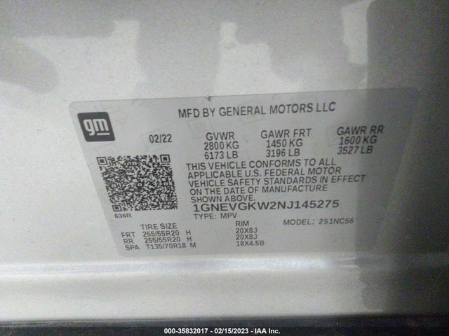 2022 Chevrolet Traverse, VIN: 1GNEVGKW2NJ145275