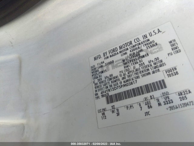 2005 MAZDA B-SERIES 2WD TRUCK VIN: 4F4YR12D75PM03817