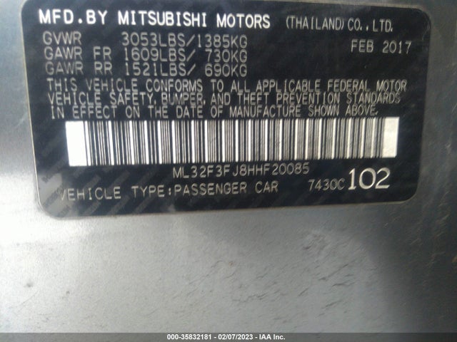 2017 MITSUBISHI MIRAGE G4 ES VIN: ML32F3FJ8HHF20085