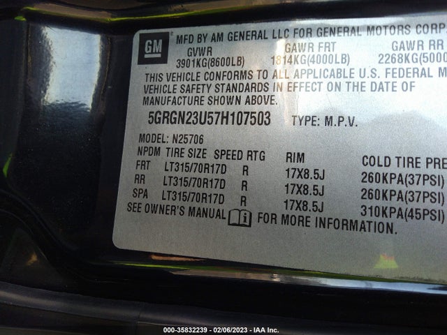 5GRGN23U57H107503 Hummer H2 Suv