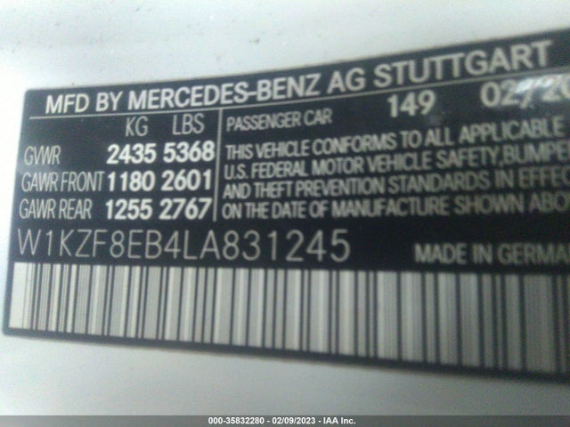 2020 MERCEDES-BENZ E-CLASS E 350 VIN: W1KZF8EB4LA831245