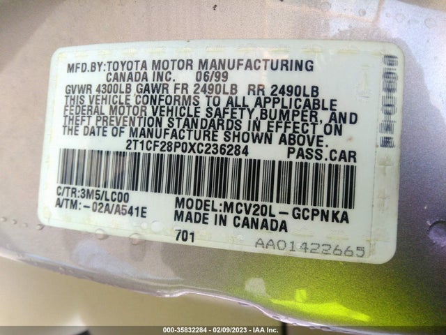 1999 TOYOTA CAMRY SOLARA SE/SLE VIN: 2T1CF28P0XC236284