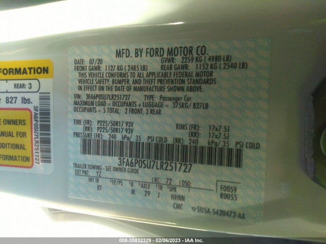 2020 Ford Fusion, VIN: 3FA6P0SU7LR251727