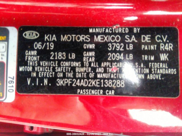 3KPF24AD2KE138288 KIA Forte Lxs