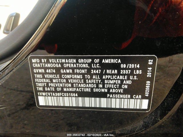 1VWCV7A36FC031564 Volkswagen Passat 2.0l Tdi Sel Premium