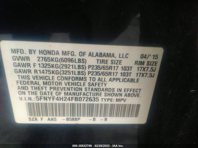 2015 HONDA PILOT LX VIN: 5FNYF4H24FB072635