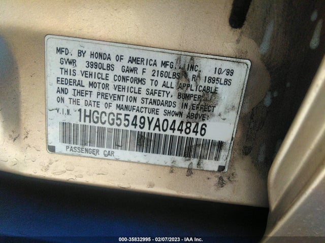 2000 HONDA ACCORD SDN LX VIN: 1HGCG5549YA044846