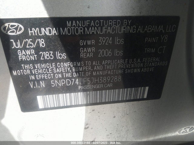 Auction sale of the 2018 Hyundai Elantra Se, vin: 5NPD74LF5JH389288, lot number: 35833155