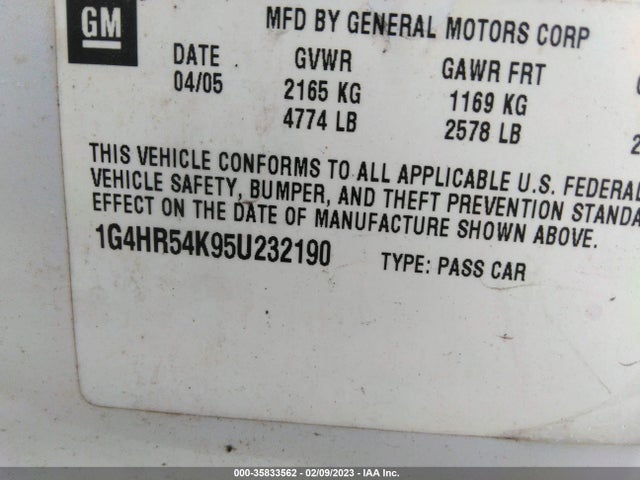 2005 BUICK LESABRE LIMITED VIN: 1G4HR54K95U232190