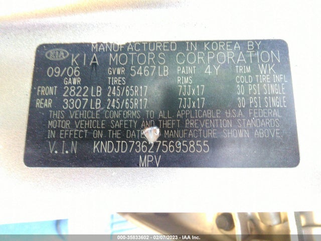 2007 KIA SORENTO LX VIN: KNDJD736275695855